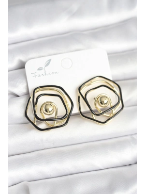 Pirinç Gold Renk Siyah Mineli Geometrik Gül Model Kadın Küpe