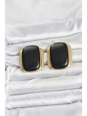 Pirinç Gold Renk Siyah Plaka Vintage Kadın Küpe
