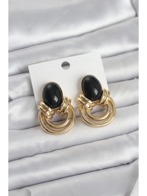 Pirinç Gold Renk Siyah Taşlı Vintage Kadın Küpe