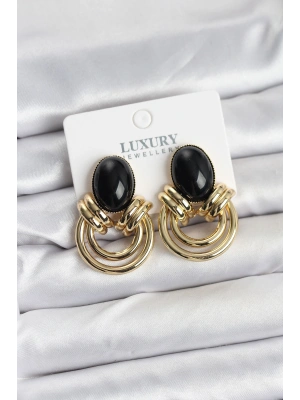 Pirinç Gold Renk Siyah Taşlı Vintage Kadın Küpe