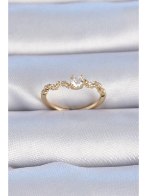 Pirinç Gold Renk Tek Taş Model Zirkon Taşlı Kadın Yüzük