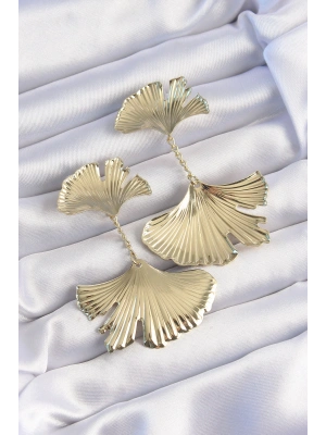 Pirinç Gold Renk Tırtıklı Yaprak Model Sallantılı Küpe