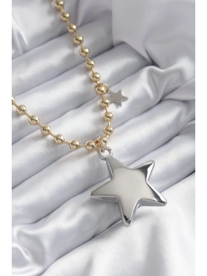 Pirinç Gold Renk Topçuk Zincir Gümüş 3D Yıldız Model Yıldız Detay VİP Kadın Kolye