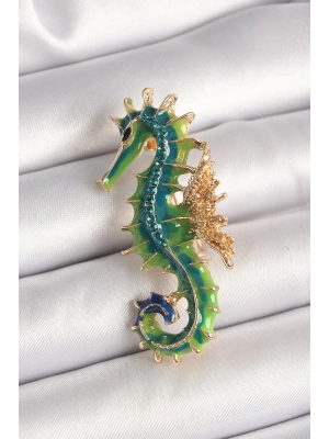 Pirinç Gold Renk Yeşil Deniz Atı Model Zirkon Taş Detay Kadın Broş