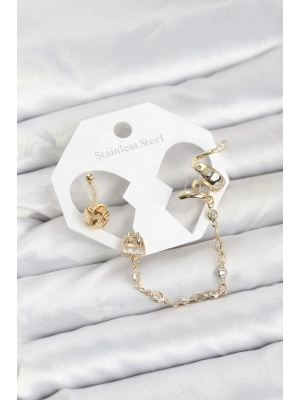 Pirinç Gold Renk Yılan Model Zincir Bağlantılı Ear Cuff Küpe Seti