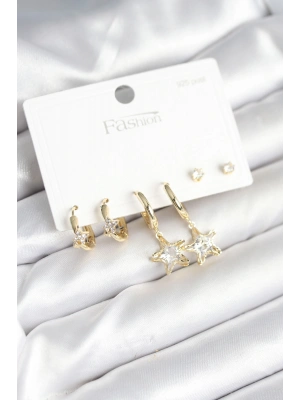 Pirinç Gold Renk Yıldız Model 925 Gümüş Çivili Kadın Küpe Seti