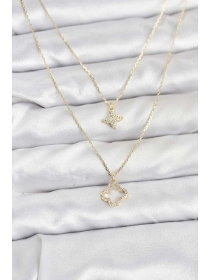 Pirinç Gold Renk Yonca Model 2li Kadın Kolye