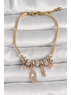 Pirinç Gold Renk Zincir Sallantı Zirkon Taşlı Messika Figür Yıldız Detay Kadın Bileklik