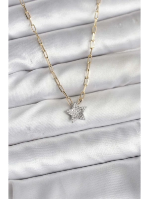 Pirinç Gold Renk Zincirli Zirkon Taşlı Minimal Yıldız Model Kadın Kolye