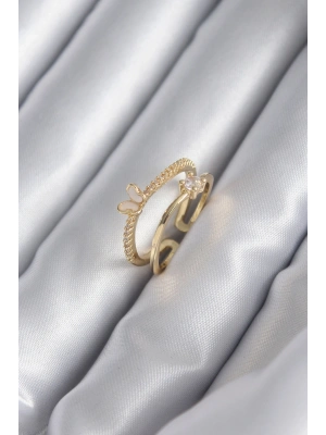 Pirinç Gold Renk Zirkon Taş Detay Kelebek Model Kadın Yüzük