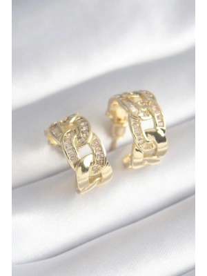 Pirinç Gold Renk Zirkon Taş Detay Zincir Model Kadın Küpe