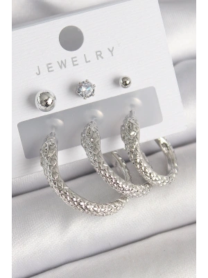 Pirinç Gold Renk Zirkon Taş Detaylı Halka Yılan Model Kadın Küpe Seti