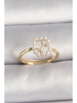 Pirinç Gold Renk Zirkon Taş Detaylı İncili Ayarlanabilir Yüzük