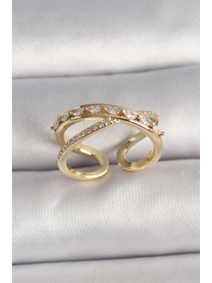 Pirinç Gold Renk Zirkon Taşlı Ayarlanabilir Kadın Yüzük