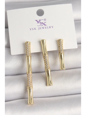 Pirinç Gold Renk Zirkon Taşlı Bambu Model 3Lü Kadın Kombin Küpe