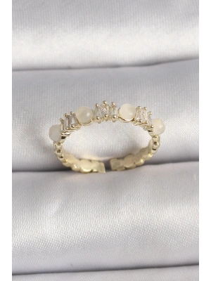 Pirinç Gold Renk Zirkon Taşlı Beyaz Mineli Ayarlanabilir Yüzük