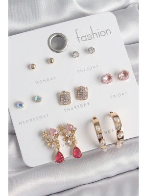 Pirinç Gold Renk Zirkon Taşlı Çiçek Figür İncili Halka Figür 7 Çift Kadın Küpe Seti