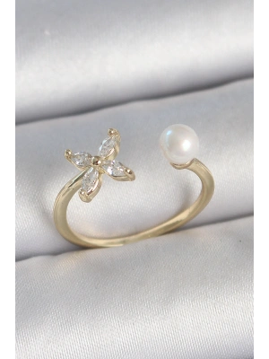 Pirinç Gold Renk Zirkon Taşlı Çiçek Model İnci Detay Ayarlanabilir Kadın Yüzük