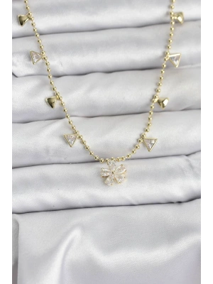 Pirinç Gold Renk Zirkon Taşlı Çiçek Model Kadın Kolye