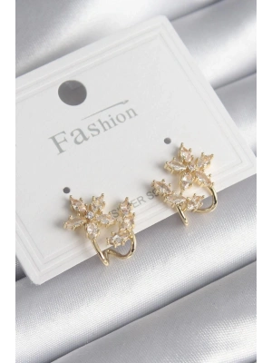 Pirinç Gold Renk Zirkon Taşlı Çiçek Model Kadın Küpe