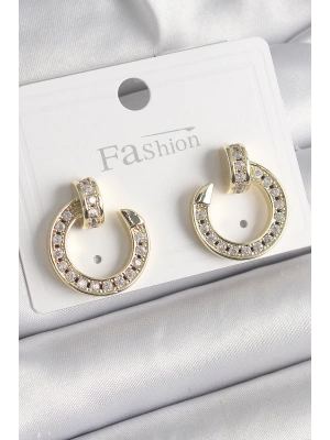 Pirinç Gold Renk Zirkon Taşlı Çivi Halka Model Kadın Küpe