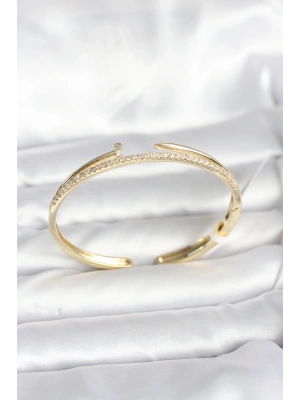 Pirinç Gold Renk Zirkon Taşlı Çivi Model Kadın Kelepçe Bileklik