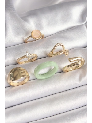 Pirinç Gold Renk Zirkon Taşlı Daire Pembe Mineli Detay 6Lı Kadın Yüzük Seti