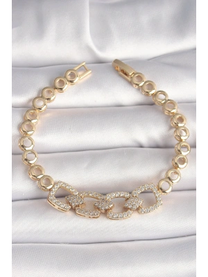 Pirinç Gold Renk Zirkon Taşlı Daire Zincir Model Kadın Bileklik