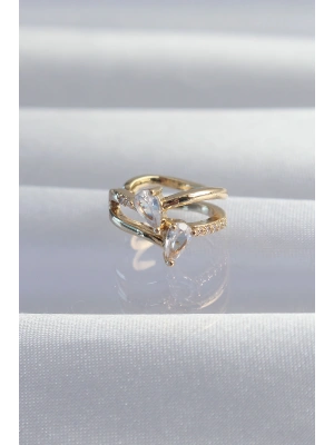 Pirinç Gold Renk Zirkon Taşlı Damla Earcuff Küpe