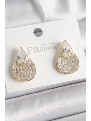 Pirinç Gold Renk Zirkon Taşlı Damla Model Kadın Küpe