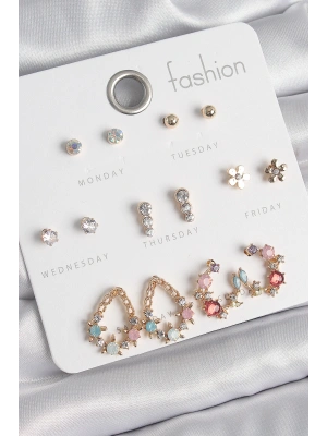 Pirinç Gold Renk Zirkon Taşlı Damla Model Yıldız Detaylı 7 Çift Kadın Küpe Seti