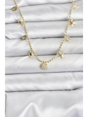 Pirinç Gold Renk Zirkon Taşlı Deniz Kabuğu Model Kadın Kolye