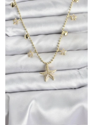 Pirinç Gold Renk Zirkon Taşlı Deniz Yıldızı Model Kadın Kolye