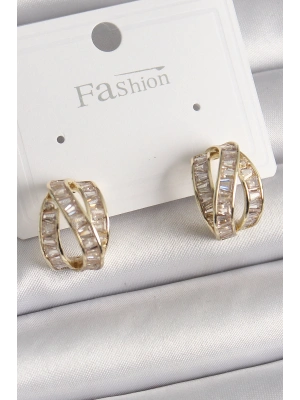 Pirinç Gold Renk Zirkon Taşlı Düğüm Halka Model Kadın Küpe