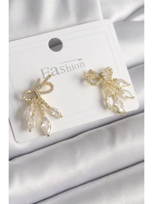 Pirinç Gold Renk Zirkon Taşlı Düğüm Model Damla Zirkon Taşlı Kadın Küpe