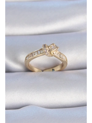 Pirinç Gold Renk Zirkon Taşlı Düğüm Model Kadın Yüzük