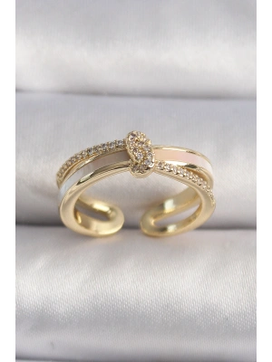 Pirinç Gold Renk Zirkon Taşlı Düğüm Model VIP Seri Kadın Yüzük