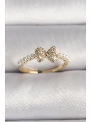 Pirinç Gold Renk Zirkon Taşlı Fiyonk İnci Detay Ayarlanabilir Yüzük