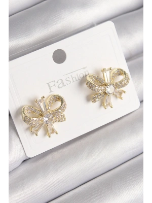 Pirinç Gold Renk Zirkon Taşlı Fiyonk Model Kadın Küpe