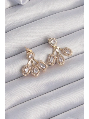 Pirinç Gold Renk Zirkon Taşlı Geometrik Model Küpe