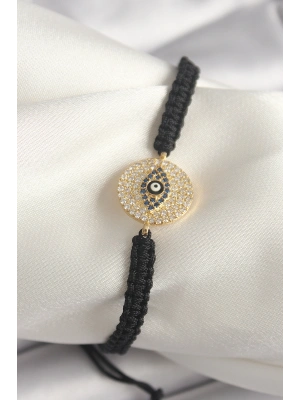 Pirinç Gold Renk Zirkon Taşlı Göz İşlemeli Figür Asansörlü Makrome Model Kadın Bileklik