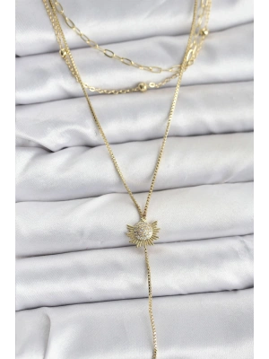 Pirinç Gold Renk Zirkon Taşlı Güneş Model Detaylı 3lü Kombin Y Kadın Kolye