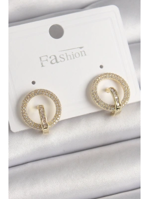 Pirinç Gold Renk Zirkon Taşlı Halka Model Kadın Küpe
