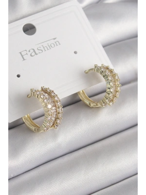 Pirinç Gold Renk Zirkon Taşlı Halka Model Kadın Küpe
