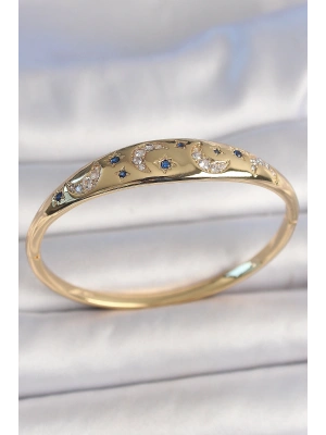 Pirinç Gold Renk Zirkon Taşlı Hilal İşleme Mavi Taşlı Yıldız Detay Kadın Kelepçe