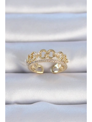 Pirinç Gold Renk Zirkon Taşlı İnci Detay Kadın Yüzük