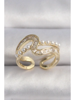 Pirinç Gold Renk Zirkon Taşlı İnci Detay VIP Seri Kadın Yüzük