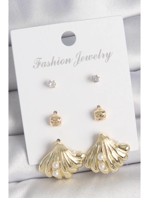 Pirinç Gold Renk Zirkon Taşlı İnci Detaylı Deniz Kabuğu Model 3 Çift Kadın Küpe Seti