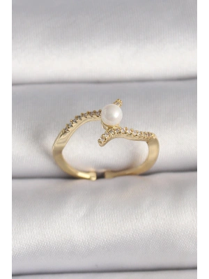 Pirinç Gold Renk Zirkon Taşlı İncili Ayarlanabilir Yüzük