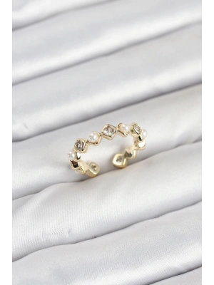 Pirinç Gold Renk Zirkon Taşlı İncili Kadın Yüzük